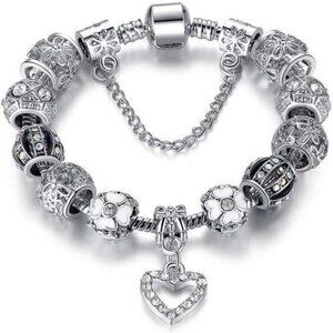 Silver Tone Charm Bracelet with Beads Snake Chain for Women Gifts